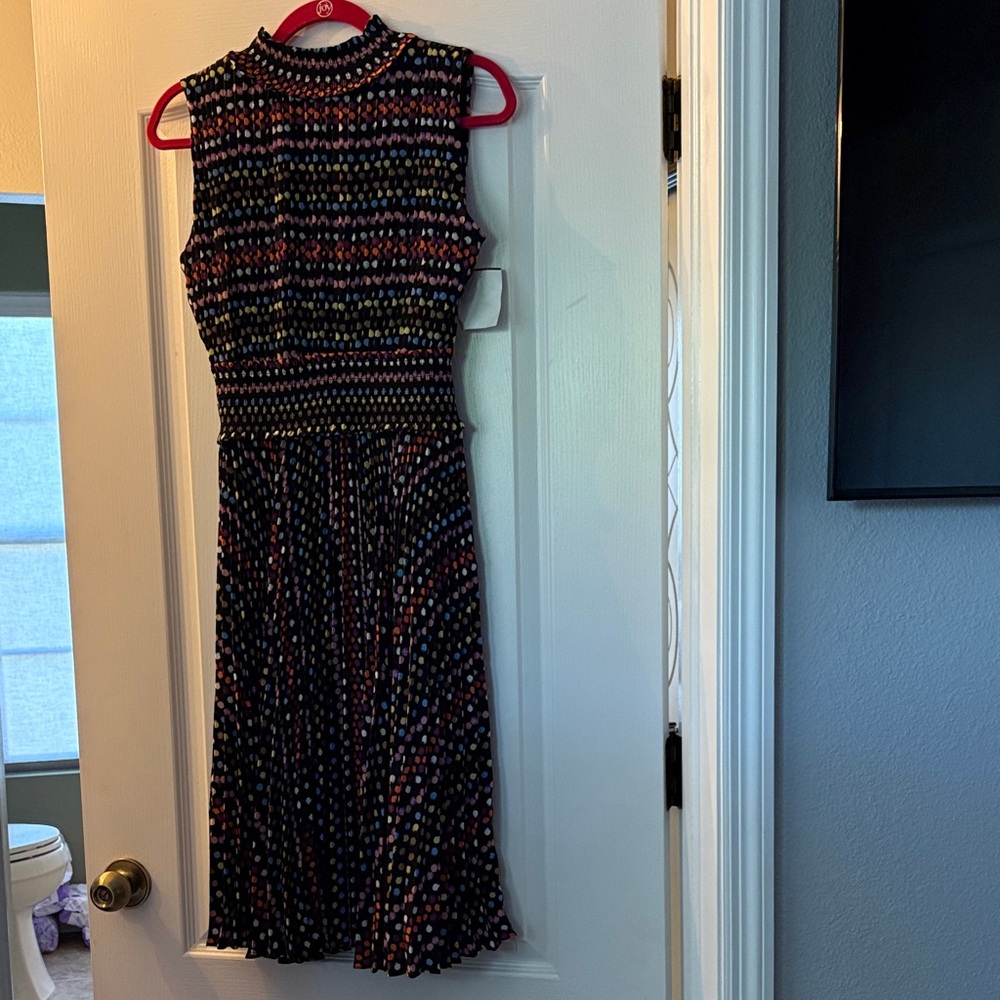 NWT Nanette Lepore Black Multicolor Dot Pleated Midi Dress. Sz 6